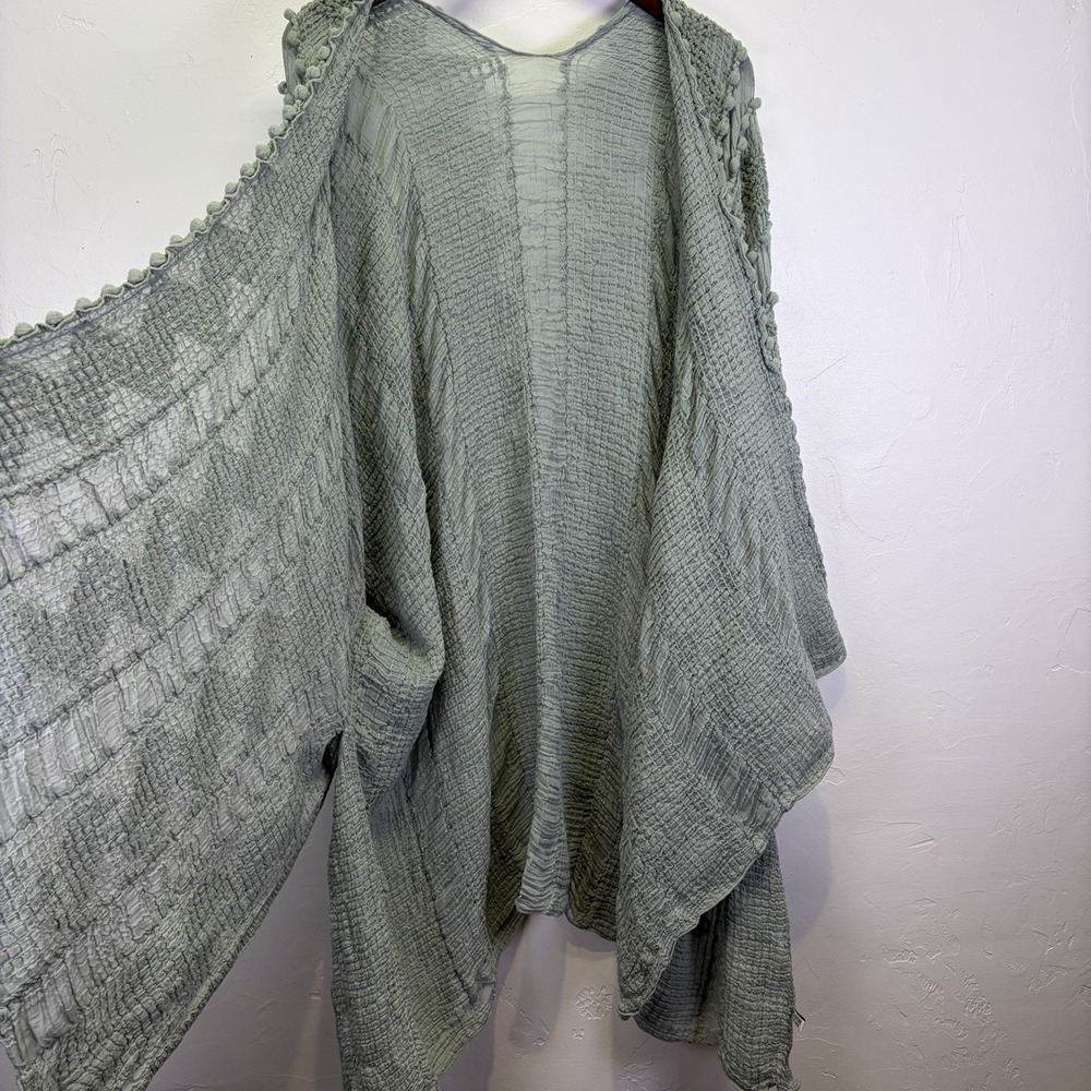 Woman's One Size Sage Lightweight Kimono Beach Coverup Sheer Pom Pom Bohemian - Picture 3 of 10
